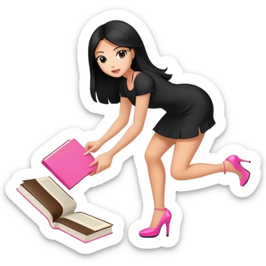 Bimbo in heels in black mini dress, long black hair tanned skin, pick up pink book from ground, sticker