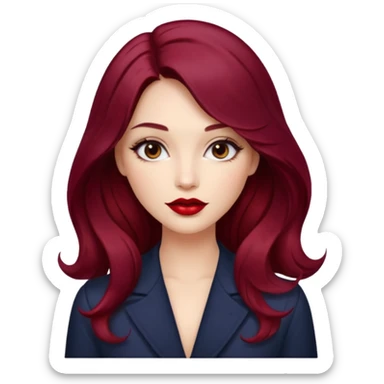 Draw a young glamorous woman with LONG dark burgandy cherry hair in a centre hair part styled slightly wavy sticker