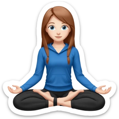 A girl with fair skin and a natural blush. Eyes are large, expressive, blue. Hair is long, straight, chestnut-colored. Smile is soft, friendly, does yoga in a black tracksuit sticker