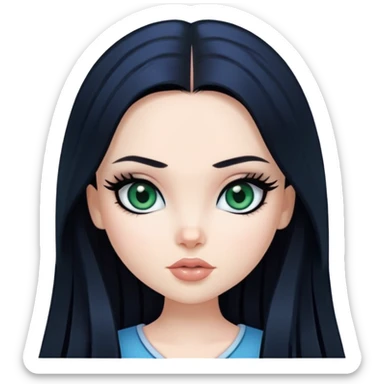 pretty bratz girl, long straight black hair, dark green eyes, black eyeliner, pale skin, blue style sticker