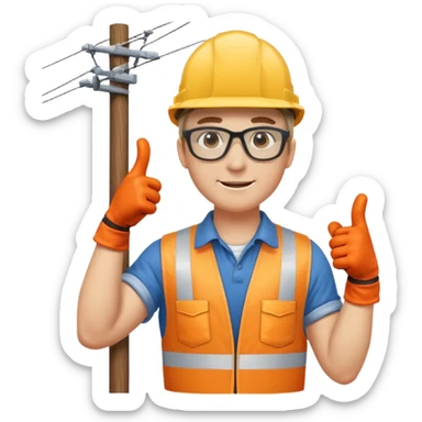 Un electricista en el poste de luz con todos sus implementos de seguridad haciendo like sticker