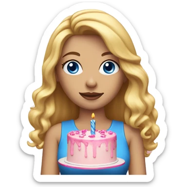 Woman with long blonde hair and blue eyes holding a pink birthday cake  sticker