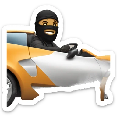 Roadman wearing a ski mask driving a sports car. The car is sleek and fast, with the driver looking focused and tough. Urban background, with motion blur to emphasize speed sticker