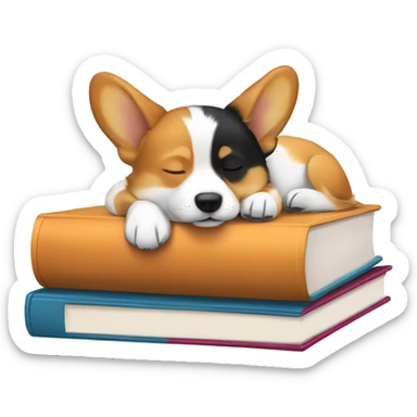 Tri-color corgi sleeping on a stack of books sticker