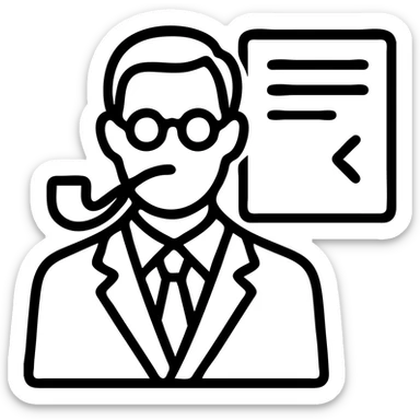 minimal icon of a serious elegant scholar with pipe, glasses, suit, standing before a document with stylized writing hinting at AI chat window, scalpel motif present, color palette inspired by vintage libraries and Cambridge, sophisticated and technical sticker