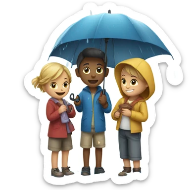 3 kids with a umbrella playing with a paper ship in the rain sticker