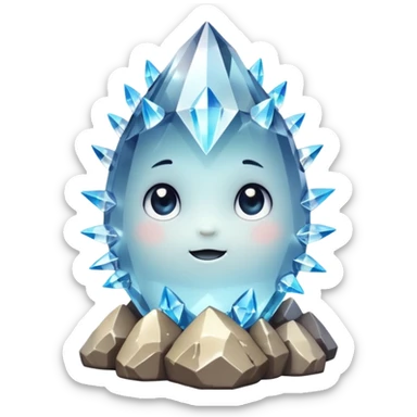 A single cute crystal rock character inspired by a clear quartz cluster, chunky round base with many tall transparent crystal spikes growing upward all around it  sticker