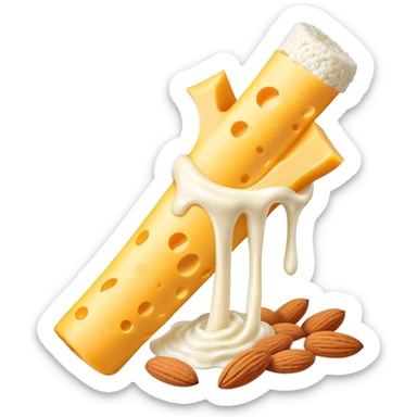 A glowing white bone surrounded by calcium-rich foods: shredded cheese, natural yogurt, sesame seeds and almonds beside a single bone sticker
