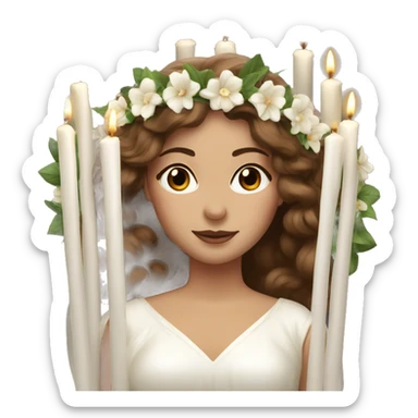 brown haired women with white gown and long white candles spur wreath on head sticker