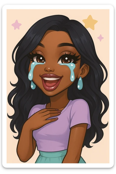 Make the character look like a 20-year-old woman in anime Bratz style with dark skin, dark hair, crying laughing expression, big expressive eyes, and glossy lips. sticker