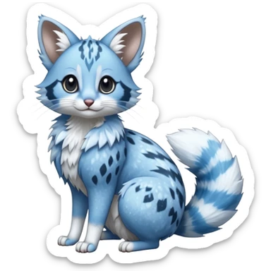 Hyper realistic  glacier-blue fur edged in frost-crystal lace and diamond sparkle dust beautiful elegant pretty precious cute  Fakémon-Pokémon-opossum-feline-serval-caracal-chinchilla-Furret-Minccino-hybrid-creature with a big fluffy bushy tail (full body) sticker