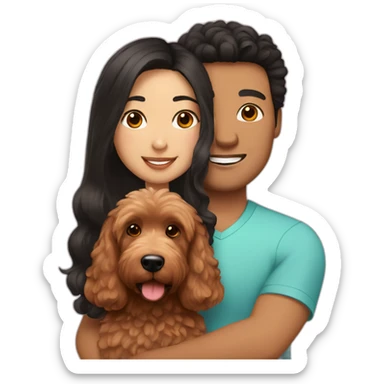 Mexican guy with brown hair and asian girl with long black hair holding red goldendoodle sticker