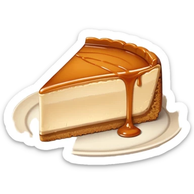 a slice of cheesecake. The base is made of light brown biscuit; the first layer of filling is caramelized dulce de leche, and the upper layer is creamy, light beige, and has a smooth texture. On top, there is a caramelized dulce de leche topping dripping down the center of the slice sticker