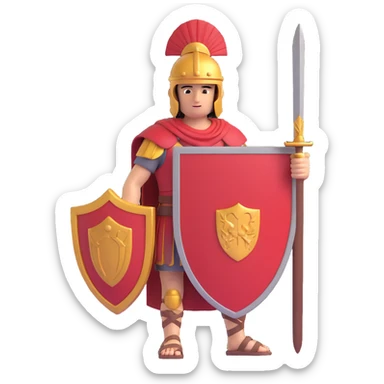 roman empire soldier, stylized, holding a rectangular scutum shield, crested helmet, sandals sticker