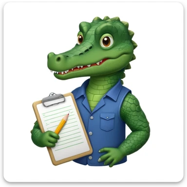 A gator with a serious face holding a clipboard and a pencil, offwhite background sticker