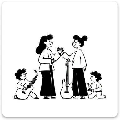 Two musicians of the same gender giving each other a friendly side hug, professional greeting, fraternal embrace, smiling, musical instruments nearby, colleagues congratulating each other sticker