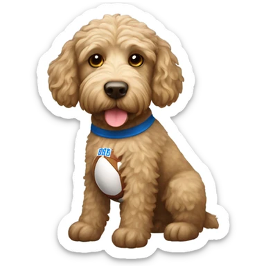 Labradoodle wearing a football jersey sticker
