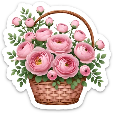Delicate pink round bouquet in a basket, flowers in a basket: ranunculus, bush roses, single-headed roses and a blooming branch with delicate pink buds sticker