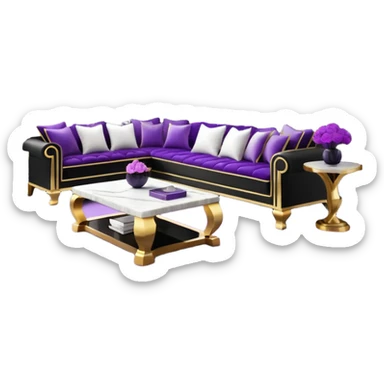 Luxurious black marble living room with gold and white accents and with a purple pillow  sticker