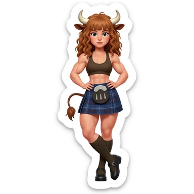 buff curly woman with frecles with light brown messy hair with straight bangs covering her eyes with brown cow tail with strong fat thights with cow horns and cow brown ears with big butt in a short scottish kilt and with knee socks and shoes stands with crossed legs sticker