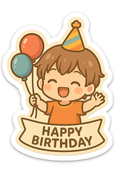 happy birthday, balloons, cheerful, party hat sticker
