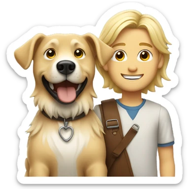 smiling blonde boy with beard and long hair with dog indoors sticker