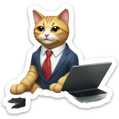 A grinning cat wearing a tie and sitting on a pile of tech gadgets and money
 sticker