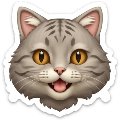 A high-resolution photo-realistic digital illustration of a solid grey tabby cat, eyes closed, head titled up yawning sticker