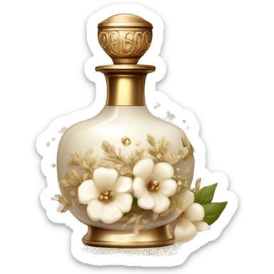 Vintage perfume bottle in antique Greek style, white and beige, oil perfume inside, sequins and flowers fluttering around sticker