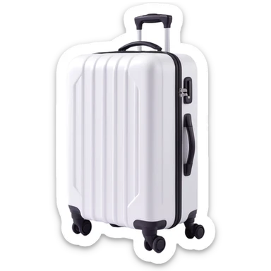 white suitcase on wheels, metallic with vertical ribs, telescopic handle, no black inserts, pure white color, soft shadows and highlights, 3D Emoji style, transparent background sticker