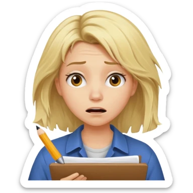 young blonde disheveled hair woman is writing an exam in panic sticker