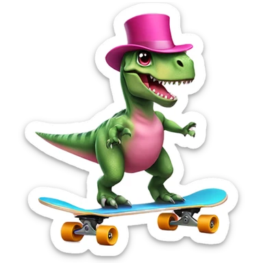 Dinosaur on skateboard with pink top hat sticker