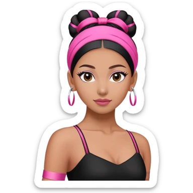a dancer in a black and pink outfit with a sleek bun tied with a pink hairband." sticker