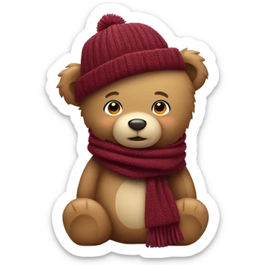 Standing Teddy bear with burgundy winter hat and scarf sticker