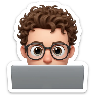3D emoji-style male character with curly hair and big glasses, eyes wide, peeking over a laptop, minimal design, soft lighting, plain background, high quality. sticker