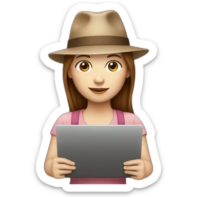 white skin, Girl with a hat, brown hair straight to the shoulders, holding a laptop sticker