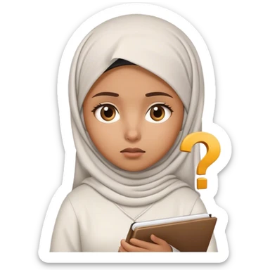 muslim girl writing in notebook, with confusion, emoji question sticker