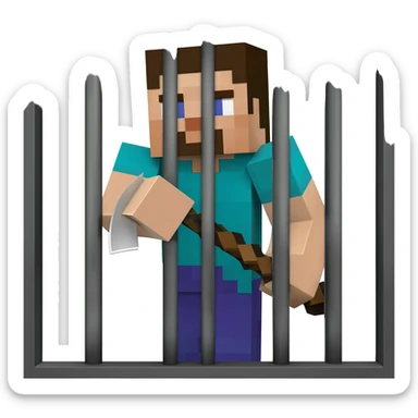 Half of a minecraft character holding a pickaxe behind bars sticker