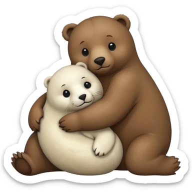 small white seal hugging a big brown bear sticker