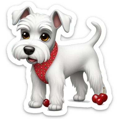 White fun mini schnauzer wearing pants with cherries sticker