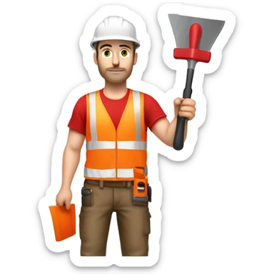 a caucasian construction worker from the chest up looking frontal, wearing a red hard hat and high-visibility vest, underneath he is wearing a red t-shirt, holding a gauging trowel sticker