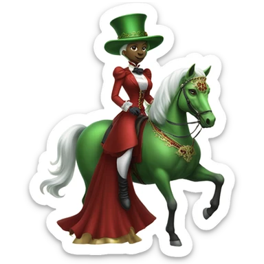 "galora green blonde alien woman" in red Victorian elegant dress, full body, rides horse gold and white
 sticker