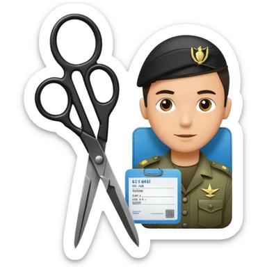 Floating black Scissors cutting an idf soldier ID card in 2 parts .hyper realistic sticker