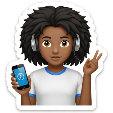 Faça um adolescente de cabelo cacheado   Preto médio sorrindo, com um aparelho dental e fones de ouvido Bluetooth com um moletom branco sticker