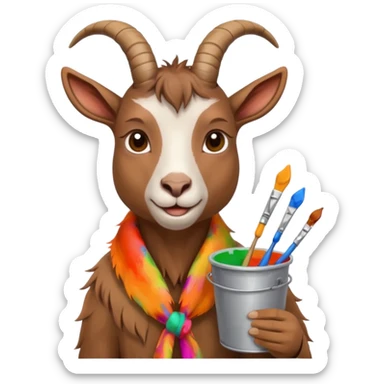 The goat is holding paints and threads in his hands sticker