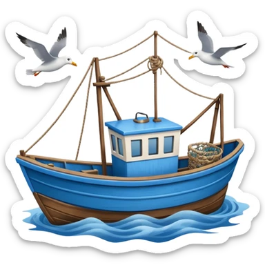 Design a small fishing boat with nets & seagulls around it. sticker