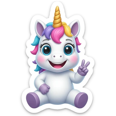 Unicornio bebé sonriente sentado y haciendo signo de paz con los dedos sticker