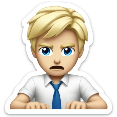 blond boy angry with blue eyes working on computer sticker