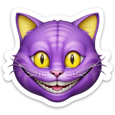 A purple cheshire cat grinning widely with thin yellow eyes sticker