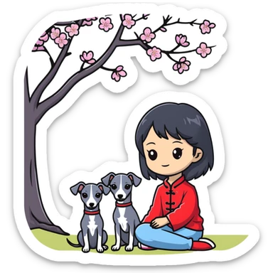 A young Chinese girl with long black hair and a pure dark grey Italian Greyhound with absolutely NO white markings anywhere on its body sitting under a cherry blossom tree. The dog must be completely solid dark grey with no white on muzzle, paws, or chest. sticker